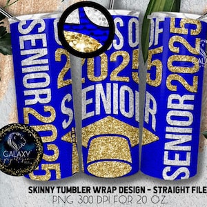 2025 Royal Blue Gold senior beker, 20 oz. Skinny bekeromslag sublimatie, koningsblauw goud afstuderen beker