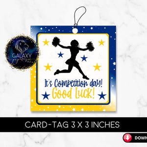 Etiqueta de regalo para competencia de porristas, etiqueta de competencia de porristas amarilla y azul, tarjetas de regalo para competencia de porristas, tarjetas de buena suerte para porristas