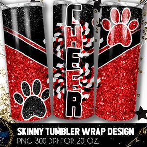 Cheer Feline Footprints Becher Design, Cheerleader Panthers Becher, 20 Unze. Skinny Tumbler Wrap Sublimation, rot schwarz jubeln Tumbler