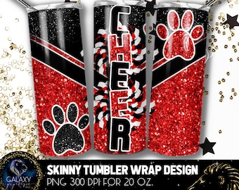 Cheer Feline Footprints Tumbler Design, Cheerleader Panthers Tumbler, 20 Oz. Skinny Tumbler Wrap Sublimation, Red Black Cheer Tumbler