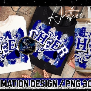 Cheer Sublimation, Cheer Brush Strokes Sublimation Design, Cheerleader Sublimation, Blue White Silver Cheer Sublimation