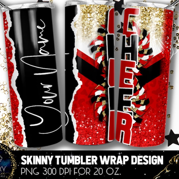 Add Name Cheer Tumbler Design, Cheerleader Leopard Tumbler, 20 Oz. Skinny Tumbler Wrap Sublimation, Red Black Gold Cheer Tumbler