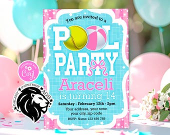 Invitación a fiesta de sóftbol en la piscina, plantilla Corjl editable, invitación rosa con una linda chica coqueta