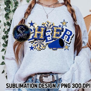 Cheer-sublimatie, cheer-sublimatieontwerp, cheerleader-sublimatie, blauwgouden cheer-sublimatie
