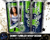 Add Photography Cheer Tumbler Design, Cheerleader Photo Tumbler, 20 Oz. Skinny Tumbler Wrap Sublimation, Blue Green Silver Cheer Tumbler