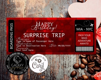 Printable Boarding Pass Ticket Valentine's Day Gift, Ticket Birthday Gift, Corjl, Valentine's Day Ticket, Travel Ticket, Surprise Ticket