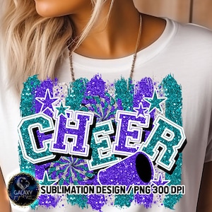 Glitter Cheer Sublimation, Cheer Brush Strokes Sublimation Design, Cheerleader Sublimation, Purple Teal White Cheer Sublimation