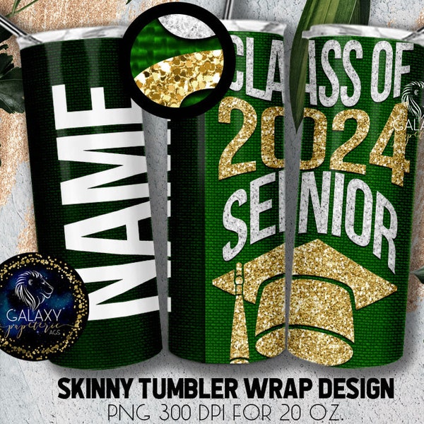 Green Gold Senior Tumbler Design, Black Textile Fabric Senior Tumbler, 20 Oz. Skinny Tumbler Wrap Sublimation, Green Gold Graduation Tumbler