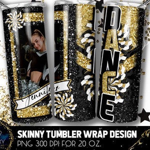 Fotografie Tanz Becher Design, Tanz Foto Becher, 20 Unze hinzufügen. Skinny Tumbler Wrap Sublimation, Schwarz Gold Dance Tumbler