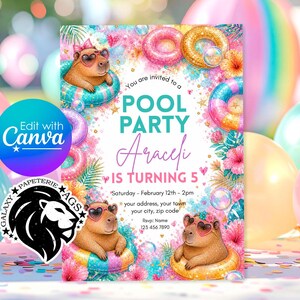 May include: A rectangular pool party invitation card featuring three capybaras wearing heart-shaped sunglasses in colourful inflatable rings. The text reads: You are invited to a POOL PARTY, Araceli IS TURNING 5, Saturday - February 12th - 2pm.