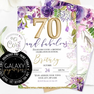 Editable 70th Birthday Invitation, Blush Floral Editable Invitation, Purple Flowers Women Birthday Invitation, Editable Invitation Corjl