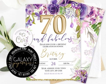 Redigerbar inbjudan till 70-årsdag, redigerbar inbjudan med rodnande blommor, födelsedagsinbjudan för kvinnor med lila blommor, redigerbar inbjudan Corjl
