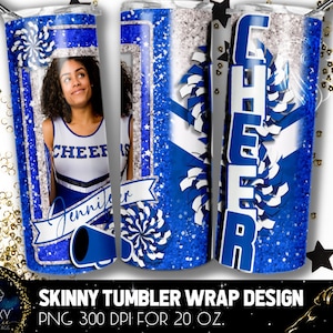 Añadir Diseño de vaso de animadora de fotografía, vaso de foto de animadora, 20 oz. Skinny Tumbler Wrap Sublimation, Blue White Cheer Tumbler