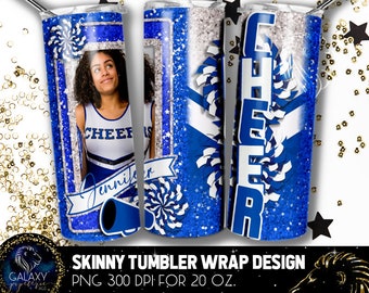 Add Photography Cheer Tumbler Design, Cheerleader Photo Tumbler, 20 Oz. Skinny Tumbler Wrap Sublimation, Blue White Cheer Tumbler