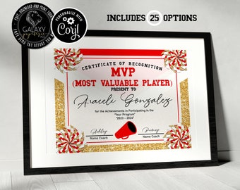 Editable Red Gold Cheerleading Certificate, Editable Cheerleading Awards, Cheerleading Certificate, End of Season Award, Corjl