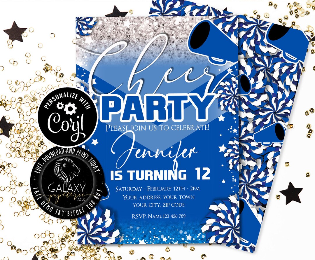 Blue Cheer Editable Invitation, Cheer Party Editable Invitation