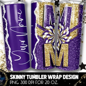 Add Name Cheer Mom Tumbler Design, Glitter Cheerleader Mom Tumbler, 20 Oz. Skinny Tumbler Wrap Sublimation, Purple Gold Cheer Mom Tumbler