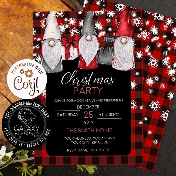 Editable Christmas Party Invitation, Plaid Christmas Invitation, Buffalo Plaid Holiday Invitation, Gnomes Christmas Party Invitation, gnome