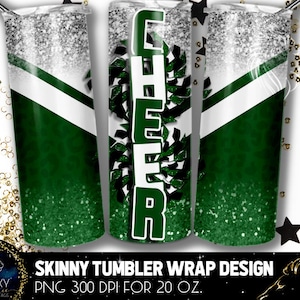 Design de gobelet vert et blanc Cheer, gobelet léopard de pom-pom girl, 20 oz. Sublimation d'enveloppe de gobelet maigre, sublimation de conceptions de gobelet