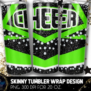 Zwart Groen Wit Cheer Tumbler Design, Cheerleader Diamonds Tumbler, 20 Oz. Skinny Tumbler Wrap Sublimatie, Zwart Groen Cheer Tumbler
