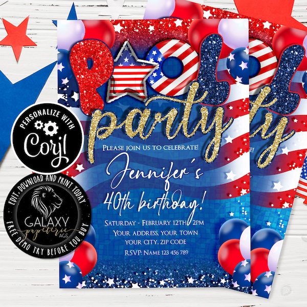 ANY AGE 4th of July Pool Party Invitation, Patriotic Pool Party Invitation, Independence Day Invitation, Corjl, Pool Party Invitation