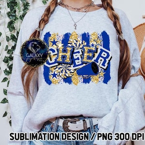 Cheer Sublimation, Cheer Brush Strokes Sublimation Design, Cheerleader Sublimation, Blue Gold Cheer Sublimation