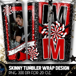 Add Photo Cheer Mom Tumbler Design, Cheerleader Mom Leopard Tumbler, 20 Oz. Skinny Tumbler Wrap Sublimation, Black Red Cheer Mom Tumbler