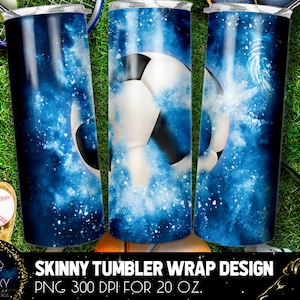 May include: A skinny tumbler wrap design featuring a football on a blue galaxy background. The design is 300 DPI and is for a 20 oz tumbler.