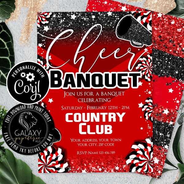 Red Black Cheer Banquet Editable Invitation, Cheer Party Editable Invitation, Cheerleader Invitation, Corjl