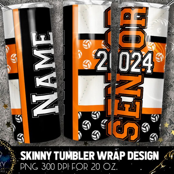 Black Orange Senior Volleyball Tumbler Design, Black Orange White Volleyball Senior Tumbler, 20 Oz Skinny Tumbler Wrap Sublimation