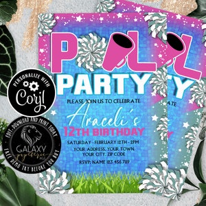 Teal Pink Cheer Editable Invitation, Teal Pink Pool Party Cheer Party Editable Invitation, Cheerleader Pool Party Birthday Invitation