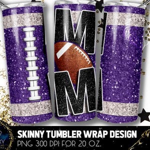 Tumbler viola con design a forma di mamma calciatrice, Tumbler viola glitterato da football, 20 Oz. Tumbler sottile con stampa a sublimazione, Tumbler Designs con stampa a sublimazione