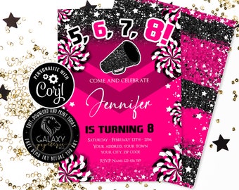Puede incluir: Invitación de cumpleaños de brillo rosa y negro con un megáfono y un diseño de estrella. El texto dice "¡5, 6, 7, 8! Ven a celebrar que Jennifer cumple 8 años. Sábado - 12 de febrero - 2:00 pm. Tu dirección, tu ciudad. Tu ciudad, código postal. RSVP: Nombre 123 456 789"