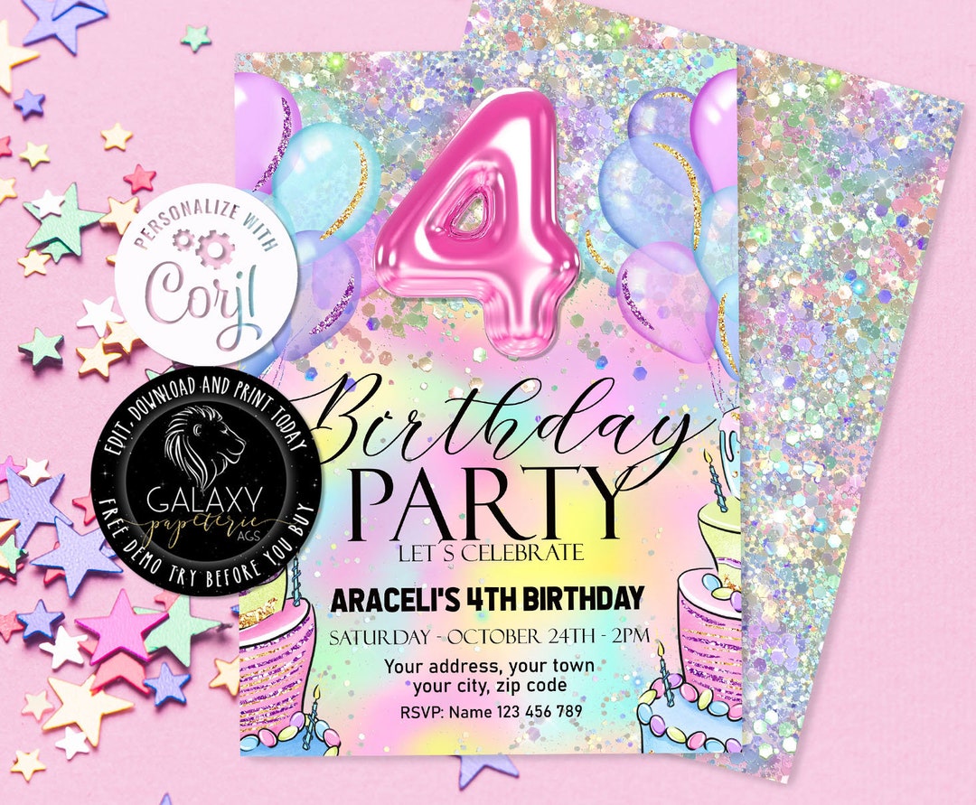 Editable Rainbow 4th Birthday Invitation, Fourth Birthday Invitation ...