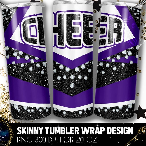 Black Purple White Cheer Tumbler Design, Cheerleader Diamonds Tumbler, 20 Oz. Skinny Tumbler Wrap Sublimation, Black Purple Cheer Tumbler