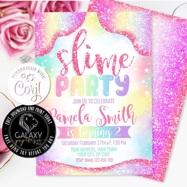 Glitter Slime Editable Birthday Invitation, Slime Party Editable Invitation, Glitter Slime Birthday Invitation, Slime Birthday Invite, Corjl