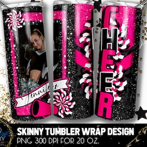 Añadir Diseño de vaso de animadora de fotografía, vaso de foto de animadora, 20 oz. Skinny Tumbler Wrap Sublimation, Black Pink Cheer Tumbler