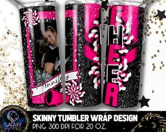 Add Photography Cheer Tumbler Design, Cheerleader Photo Tumbler, 20 Oz. Skinny Tumbler Wrap Sublimation, Black Pink Cheer Tumbler