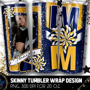 Add Photo Cheer Mom Tumbler Design, Cheerleader Leopard Tumbler, 20 Oz. Skinny Tumbler Wrap Sublimation, Blue Yellow Cheer Mom Tumbler