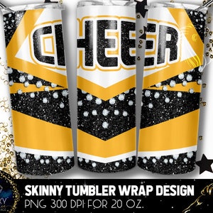 Black Yellow White Cheer Tumbler Design, Cheerleader Diamonds Tumbler, 20 Oz. Skinny Tumbler Wrap Sublimation, Black Yellow Cheer Tumbler