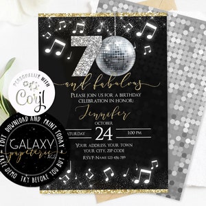 Faire-part modifiable pour 70e anniversaire, faire-part d'anniversaire disco, faire-part 70e anniversaire scintillant, faire-part d'anniversaire surprise, corjl.