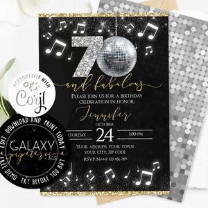 Editable 70th Birthday Invitation, Disco Party Editable Invitation, Glitter Seventy Birthday Invitation, Surprise Birthday Invite, Corjl.