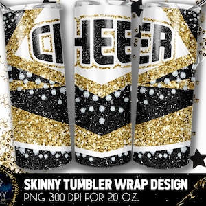 Black Gold White Cheer Tumbler Design, Cheerleader Diamonds Tumbler, 20 Oz. Skinny Tumbler Wrap Sublimation, Black Gold Cheer Tumbler