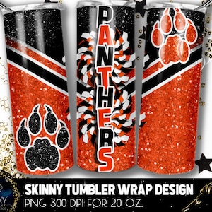 Cheer katachtige voetafdrukken bekerontwerp, cheerleader panters beker, 20 oz. Skinny Tumbler Wrap-sublimatie, oranje zwarte cheer-beker