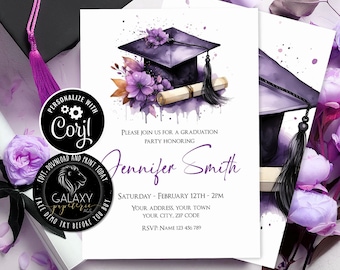 Editable Purple Graduation Invitation, Floral Graduation Invitation, Purple Graduation Invitation, High school grad or College Invitation