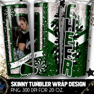 Fotografie Cheer Tumbler Design toevoegen, Cheerleader Photo Tumbler, 20 Oz. Magere Tumbler Wrap Sublimatie, Groen Wit Cheer Tumbler