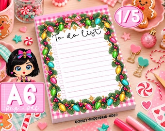 May include: A rectangular to-do list notepad with a pink and white checkered border, decorated with a garland of green pine needles, red berries, and colorful Christmas light bulbs. The text To do list is printed at the top center.