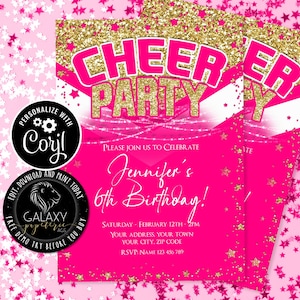 Pink Gold Dance Cheer Editable Invitation, Dance Cheer Invitation, Cheerleader Birthday Invitation, Any Age Cheer Birthday Invite, Corjl