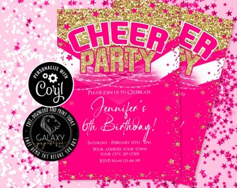 Pink Gold Dance Cheer Editable Invitation, Dance Cheer Invitation, Cheerleader Birthday Invitation, Any Age Cheer Birthday Invite, Corjl