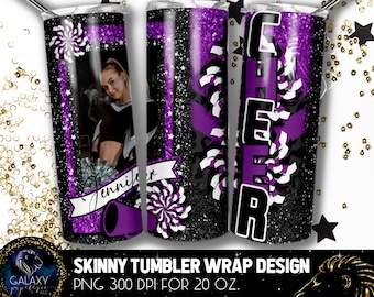 Add Photography Cheer Tumbler Design, Cheerleader Photo Tumbler, 20 Oz. Skinny Tumbler Wrap Sublimation, Black Purple Cheer Tumbler